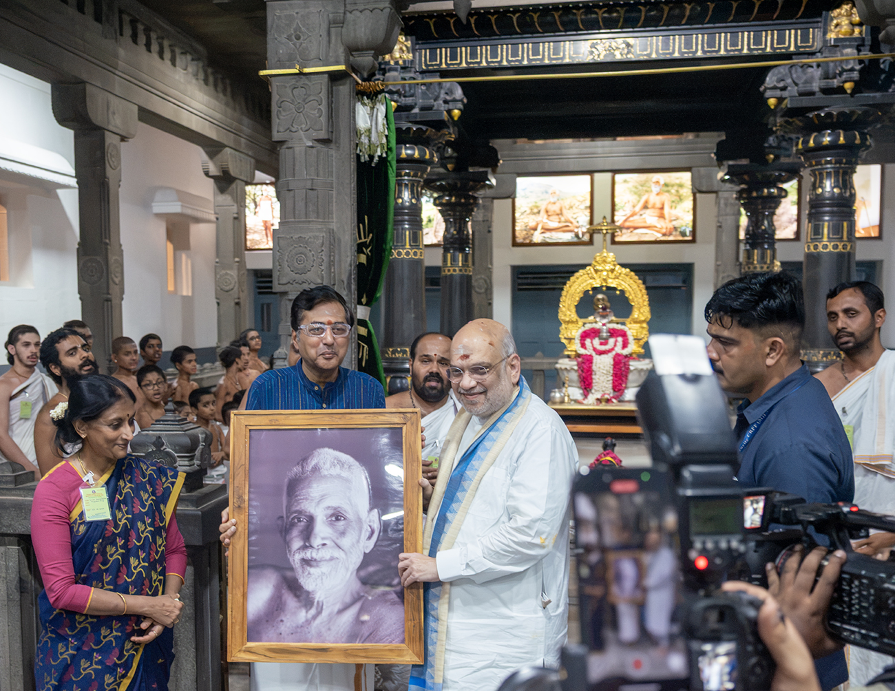 Union Home Minister Sri Amit Shah receiving a portrait of Bhagavan Sri Ramana Maharshi at Sri Ramanasramam