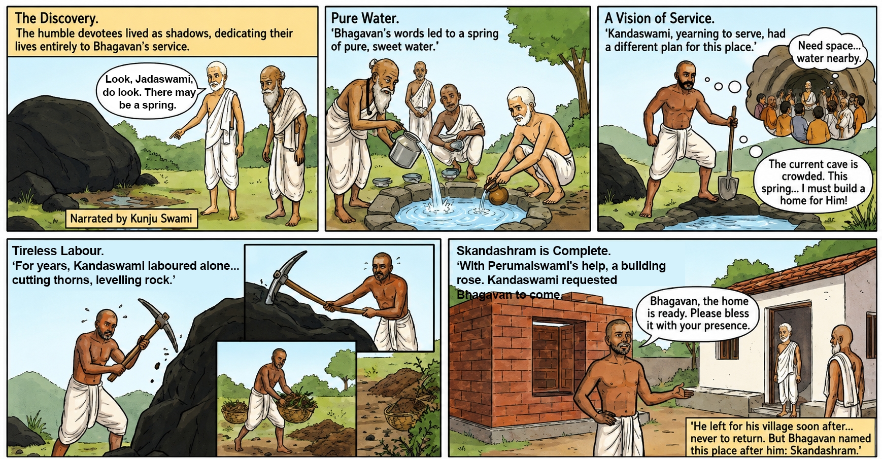 Comic strip: how Kandaswami built Skandashram for Bhagavan, as narrated by Kunju Swami