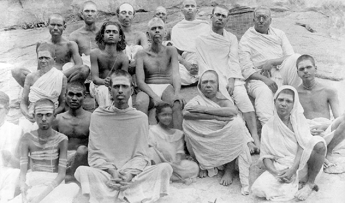 Sri Bhagavan with Mother Alagammal and Venuammal near Skandasramam, ca. 1919
