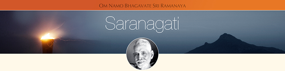 Saranagati eNewsletter banner — Om Namo Bhagavate Sri Ramanaya, the Deepam flame on Arunachala at dusk